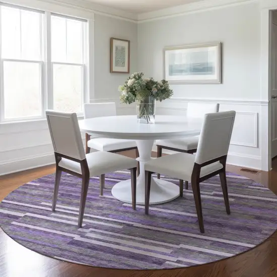 8' Purple And Gray Round Striped Washable Indoor Outdoor Area Rug Photo 7