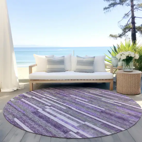 8' Purple And Gray Round Striped Washable Indoor Outdoor Area Rug Photo 6