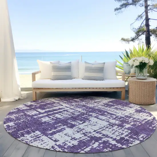 8' Purple And Ivory Round Abstract Washable Indoor Outdoor Area Rug Photo 6