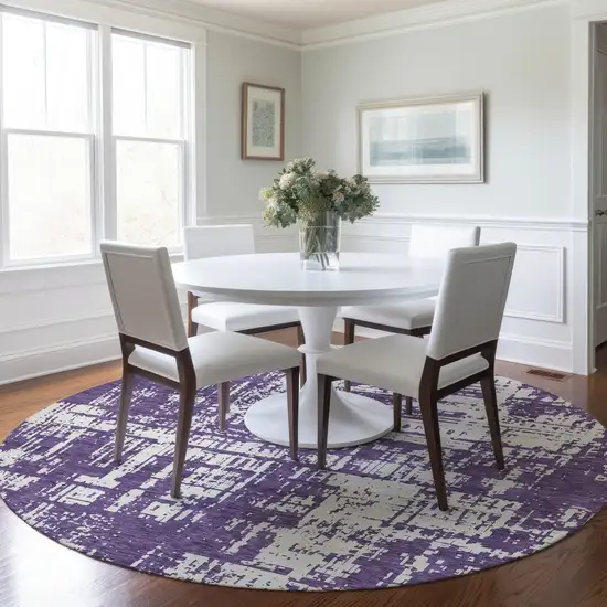 8' Purple And Ivory Round Abstract Washable Indoor Outdoor Area Rug Photo 7