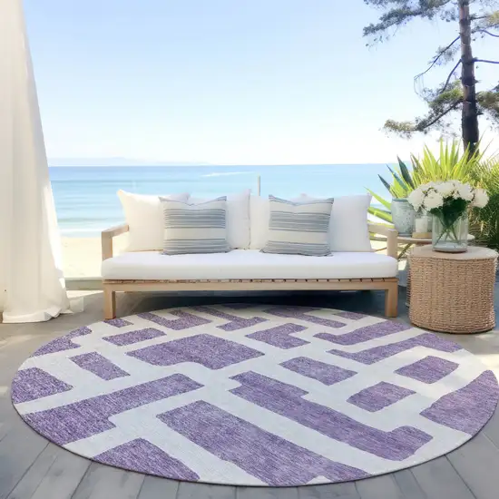 8' Purple And Ivory Round Abstract Washable Indoor Outdoor Area Rug Photo 5