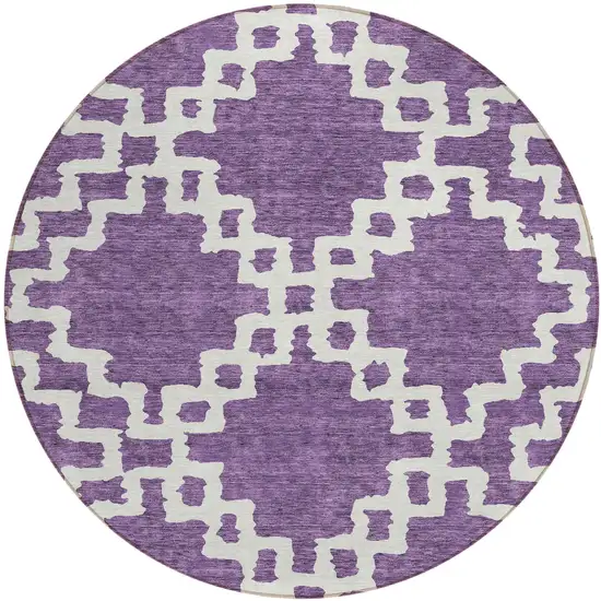 8' Purple And Ivory Round Geometric Washable Indoor Outdoor Area Rug Photo 2