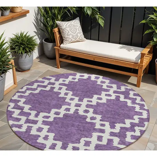 8' Purple And Ivory Round Geometric Washable Indoor Outdoor Area Rug Photo 1