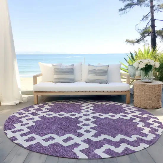 8' Purple And Ivory Round Geometric Washable Indoor Outdoor Area Rug Photo 6