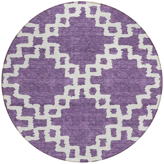 8' Purple And Ivory Round Geometric Washable Indoor Outdoor Area Rug Photo 5