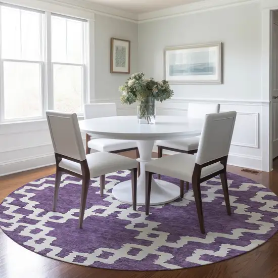 8' Purple And Ivory Round Geometric Washable Indoor Outdoor Area Rug Photo 7