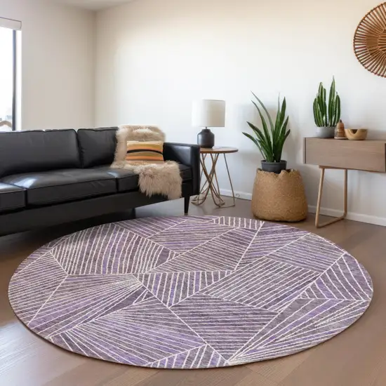 8' Purple And Ivory Round Geometric Washable Indoor Outdoor Area Rug Photo 8