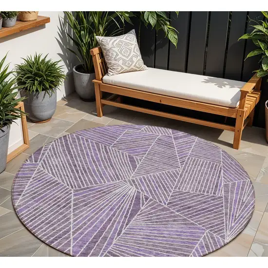 8' Purple And Ivory Round Geometric Washable Indoor Outdoor Area Rug Photo 1