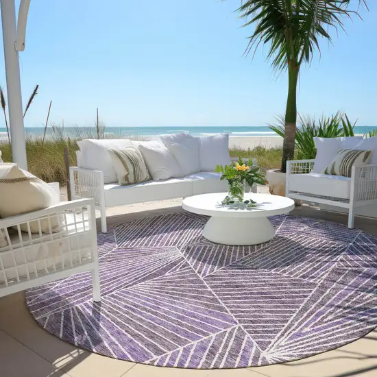8' Purple And Ivory Round Geometric Washable Indoor Outdoor Area Rug Photo 7