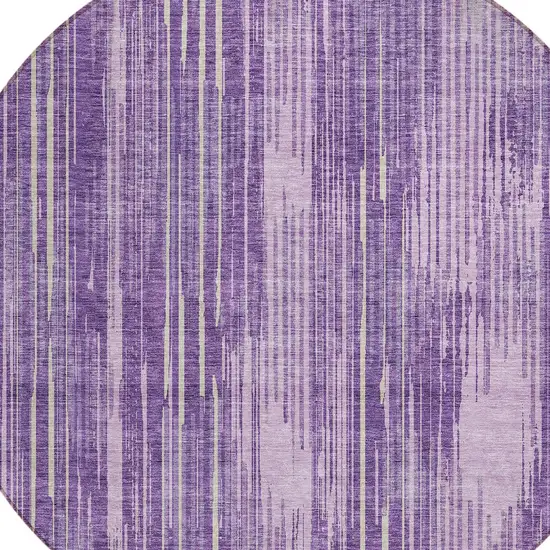 8' Purple And Ivory Round Striped Washable Indoor Outdoor Area Rug Photo 4