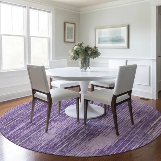 8' Purple And Ivory Round Striped Washable Indoor Outdoor Area Rug Photo 7