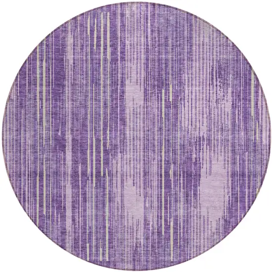 8' Purple And Ivory Round Striped Washable Indoor Outdoor Area Rug Photo 2