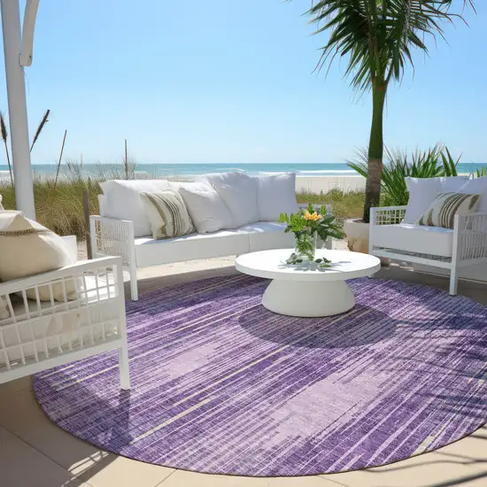 8' Purple And Ivory Round Striped Washable Indoor Outdoor Area Rug Photo 6