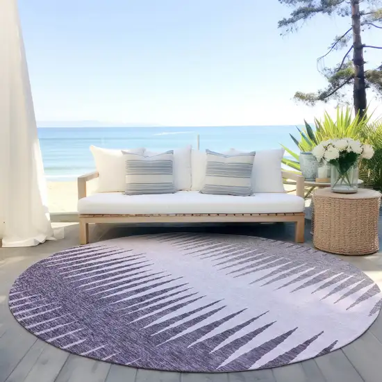 8' Purple Lavender And Gray Round Striped Washable Indoor Outdoor Area Rug Photo 6