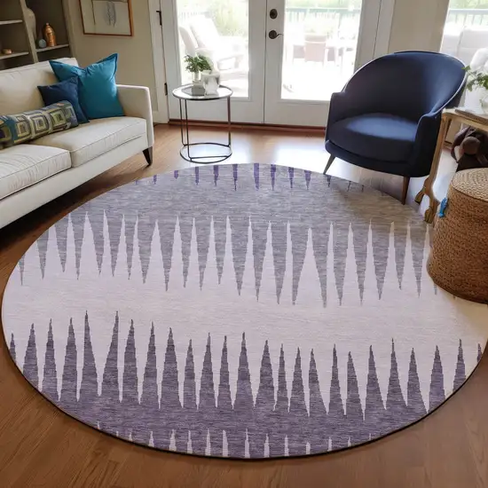 8' Purple Lavender And Gray Round Striped Washable Indoor Outdoor Area Rug Photo 7