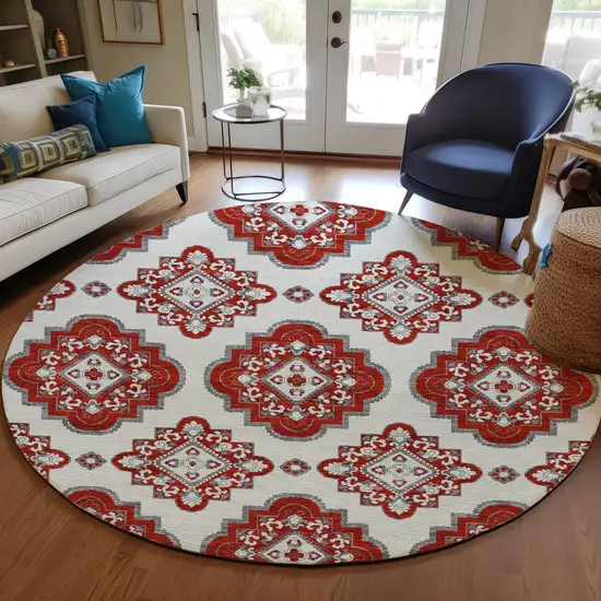 8' Red And Beige Round Medallion Washable Indoor Outdoor Area Rug Photo 8