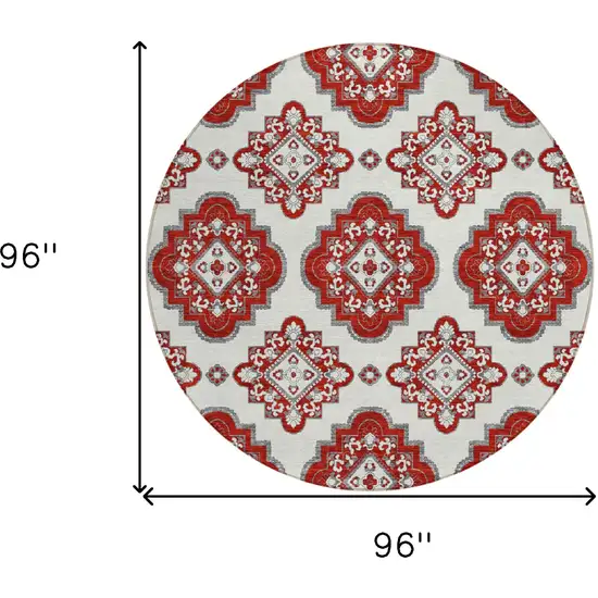 8' Red And Beige Round Medallion Washable Indoor Outdoor Area Rug Photo 3