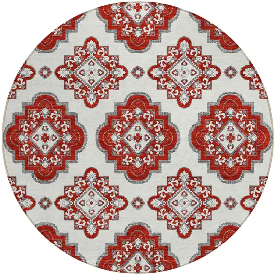 8' Red And Beige Round Medallion Washable Indoor Outdoor Area Rug Photo 2