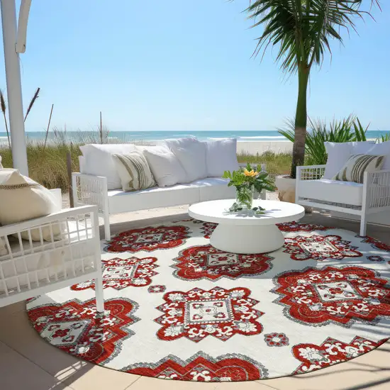 8' Red And Beige Round Medallion Washable Indoor Outdoor Area Rug Photo 7