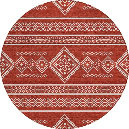 8' Red And Ivory Round Southwestern Washable Indoor Outdoor Area Rug Photo 6
