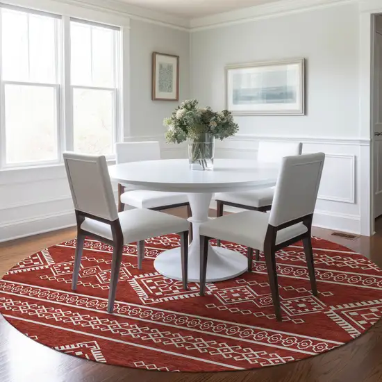 8' Red And Ivory Round Southwestern Washable Indoor Outdoor Area Rug Photo 8