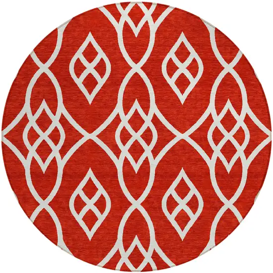 8' Red And Ivory Round Trellis Washable Indoor Outdoor Area Rug Photo 2