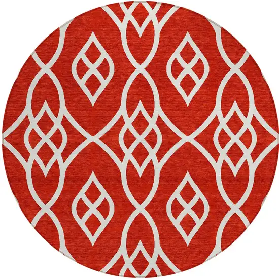 8' Red And Ivory Round Trellis Washable Indoor Outdoor Area Rug Photo 5