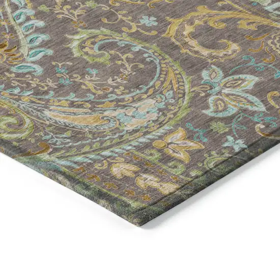 Brown Aqua and Gold Round Paisley Washable Non Skid Indoor Outdoor Area Rug Photo 5