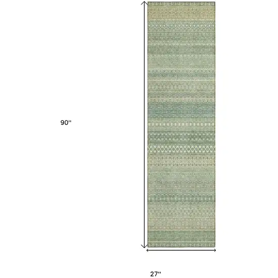 Artichoke Green Striped Washable Indoor Outdoor Runner Rug Photo 3