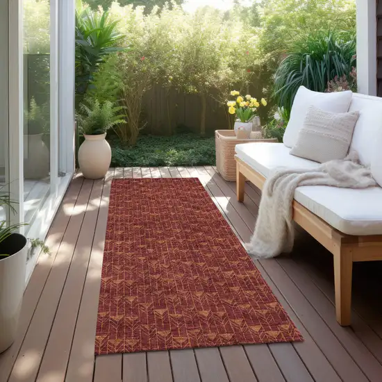 Burgundy Geometric Washable Non Skid Indoor Outdoor Runner Rug Photo 8