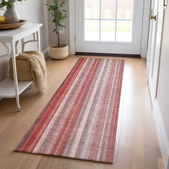 Gray Pink and Red Striped Washable Non Skid Indoor Outdoor Runner Rug Photo 9