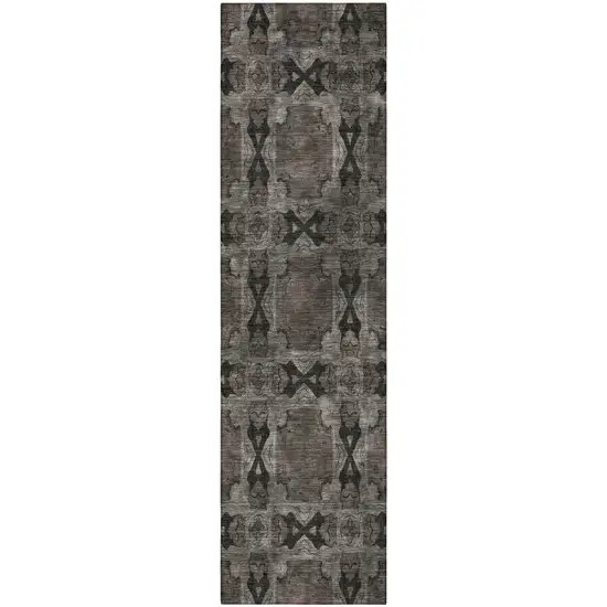 Gray and Black Floral Medallion Washable Non Skid Indoor Outdoor Runner Rug Photo 4