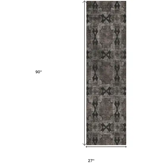 Gray and Black Floral Medallion Washable Non Skid Indoor Outdoor Runner Rug Photo 3