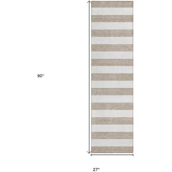 Taupe and White Striped Washable Indoor Outdoor Runner Rug Photo 3