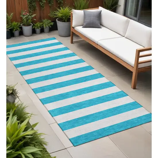 Teal and White Striped Washable Indoor Outdoor Runner Rug Photo 1