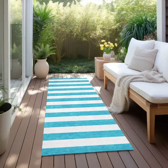 Teal and White Striped Washable Indoor Outdoor Runner Rug Photo 7