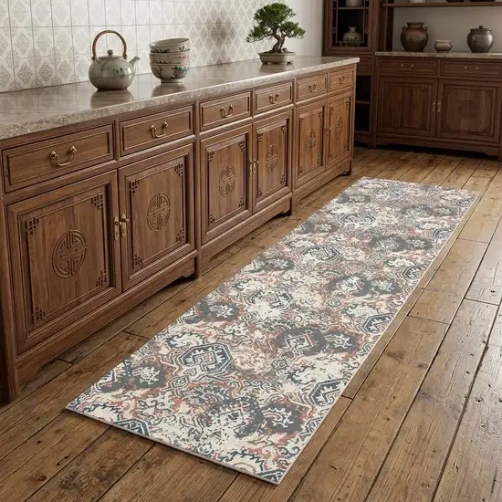 8' Rust Oriental Distressed Runner Rug With Fringe Photo 1