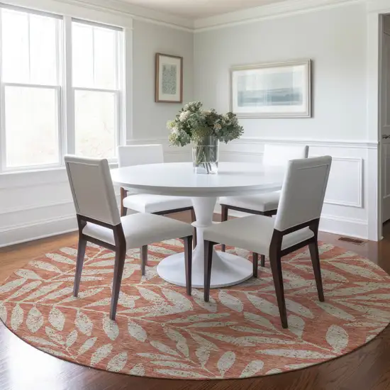 8' Salmon And Gray Round Floral Washable Indoor Outdoor Area Rug Photo 7