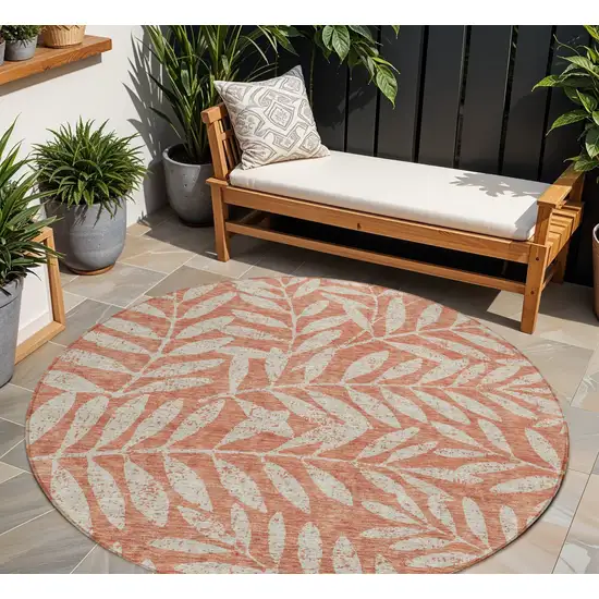 8' Salmon And Gray Round Floral Washable Indoor Outdoor Area Rug Photo 1