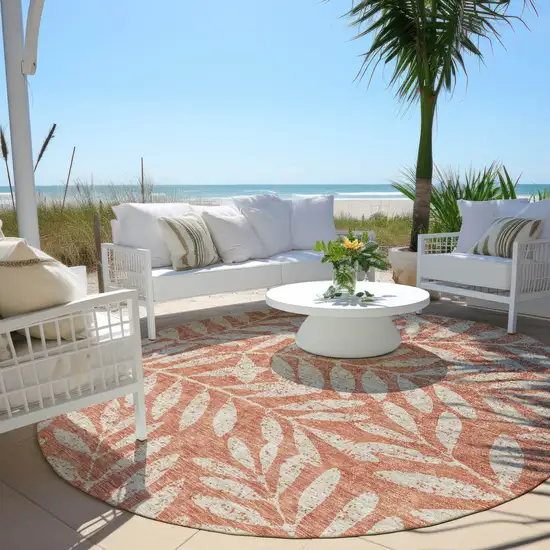 8' Salmon And Gray Round Floral Washable Indoor Outdoor Area Rug Photo 6