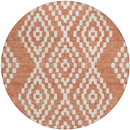 8' Salmon And Ivory Round Geometric Washable Indoor Outdoor Area Rug Photo 2