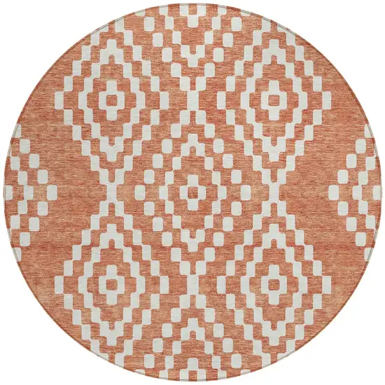 8' Salmon And Ivory Round Geometric Washable Indoor Outdoor Area Rug Photo 6