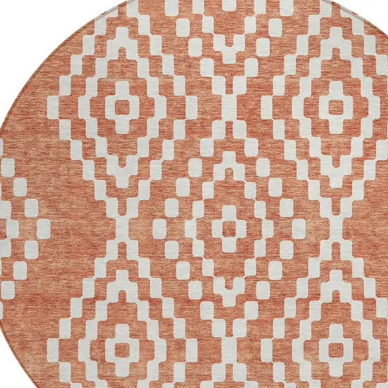 8' Salmon And Ivory Round Geometric Washable Indoor Outdoor Area Rug Photo 5