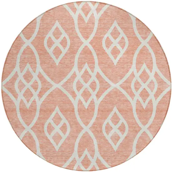 8' Salmon And Ivory Round Trellis Washable Indoor Outdoor Area Rug Photo 2
