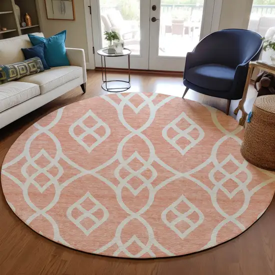 8' Salmon And Ivory Round Trellis Washable Indoor Outdoor Area Rug Photo 7