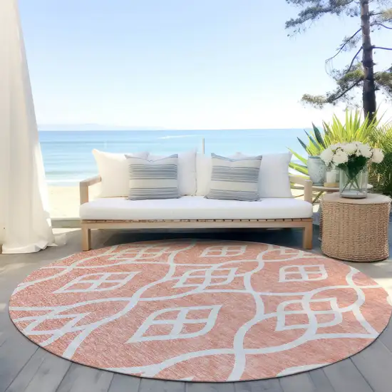 8' Salmon And Ivory Round Trellis Washable Indoor Outdoor Area Rug Photo 6