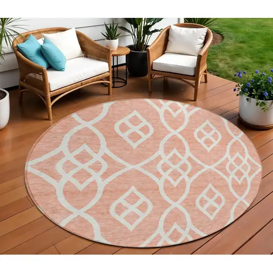 8' Salmon And Ivory Round Trellis Washable Indoor Outdoor Area Rug Photo 1
