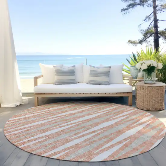 8' Salmon Gray And Ivory Round Geometric Washable Indoor Outdoor Area Rug Photo 7