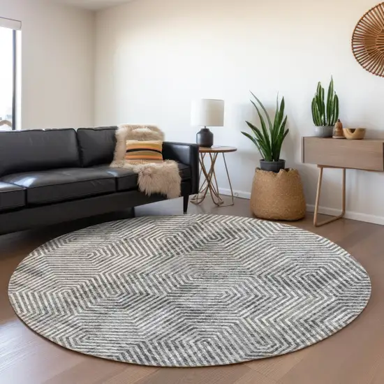 8' Silver And Gray Round Geometric Washable Indoor Outdoor Area Rug Photo 7