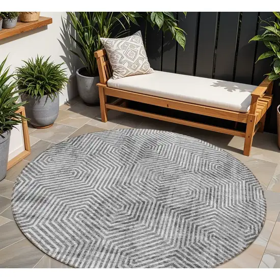 8' Silver And Gray Round Geometric Washable Indoor Outdoor Area Rug Photo 1